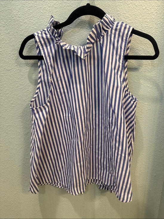 Pomander Place Tops - Pomander Place Blue and White Striped Ruffle Neck Sleeveless Top Large
